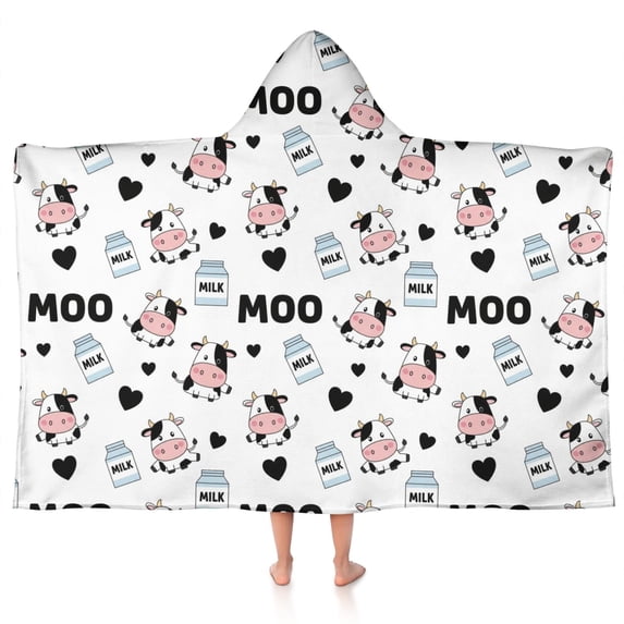 White Cow Moo Milk Pattern Hooded Bath Towel,50"x30" for Ages 3 To 12 Kids, Quick Dry Lightweight Soft Microfiber Hood Beach Towel Cover Up for Kids