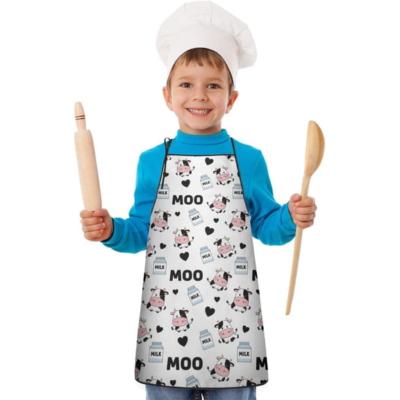 White Cow Moo Milk Pattern Kids Aprons for Girls and Boys,Adjustable Neck Strap Toddler Aprons for Kids Cooking Baking