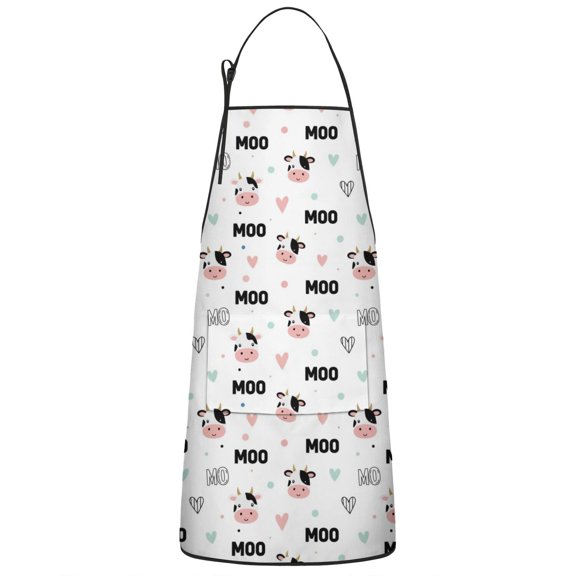 White Cow Moo Pattern Apron-Garden Aprons for Women with Pockets-Cotton Linen Waterproof Kitchen Cooking Gardening Aprons Adjustable for Kitchen,Cooking,BBQ and Salon 33x27 Inch