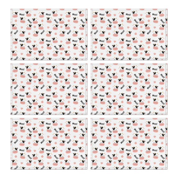 White Cow Moo Pattern Summer Placemats Table Placemats Set Of 6-Linen Kitchen Washable Placemats Table Mats 11.8"x17.7" Non-Slip Heat Resistant