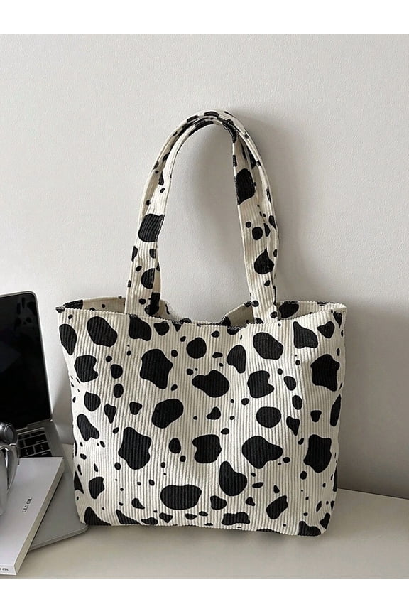 White Cow Print Corduroy Tote Bag, Large Capacity Shoulder Handbag For