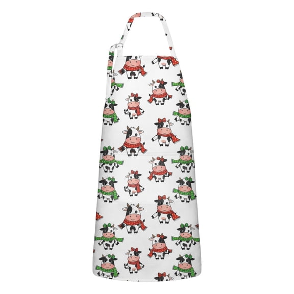 White Cow Scarf Bow Pattern Apron-Garden Aprons for Women with Pockets-Cotton Linen Waterproof Kitchen Cooking Gardening Aprons Adjustable for Kitchen,Cooking,BBQ and Salon 33x27 Inch