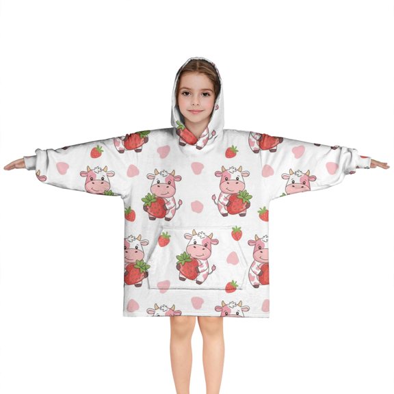White Cow Strawberry Cow Pattern Blanket Hoodies for Kids 6-13YR Oversize Wearable Blanket Hoodies for Boys Girls Teens