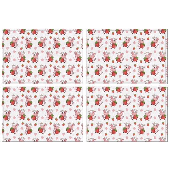 White Cow Strawberry Cow Pattern Summer Placemats Table Placemats Set Of 4-Linen Kitchen Washable Placemats Table Mats 11.8"x17.7" Non-Slip Heat Resistant