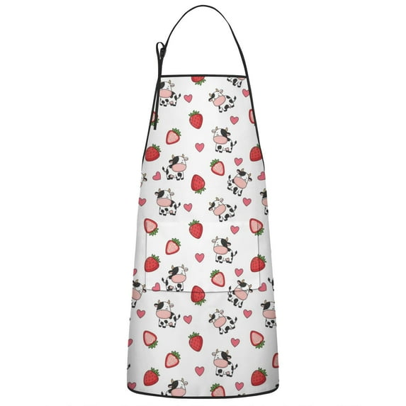 White Cow Strawberry Heart Pattern Apron-Garden Aprons for Women with Pockets-Cotton Linen Waterproof Kitchen Cooking Gardening Aprons Adjustable for Kitchen,Cooking,BBQ and Salon 33x27 Inch