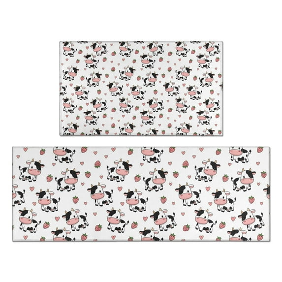 White Cow Strawberry Heart Pattern Kitchen Rugs Sets Of 2,Anti Fatigue Kitchen Mat Rugs Non Slip Washable,Decorative Kitchen Floor Mats for Kitchen,Sink,Laundry,17"x30"+17"x47"