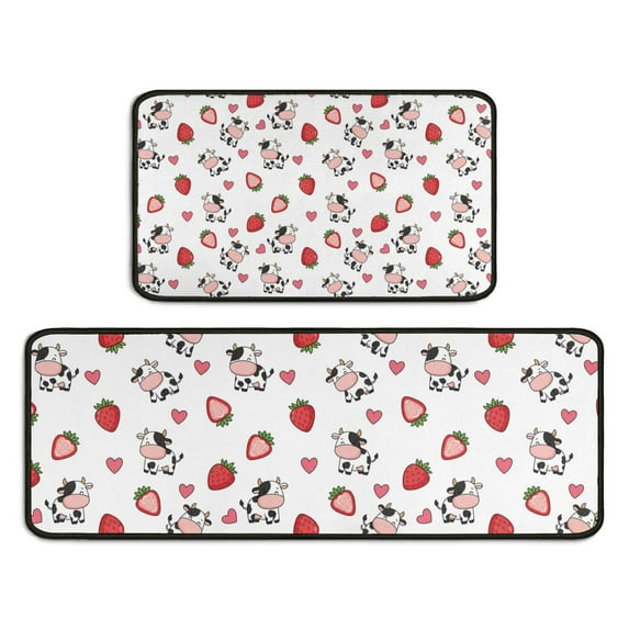 White Cow Strawberry Heart Pattern Kitchen Rugs Sets Of 2,Anti Fatigue Kitchen Mat Rugs Non Slip Washable,Decorative Kitchen Floor Mats for Kitchen,Sink,Laundry,17"X30"+17"X47"