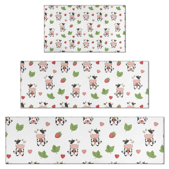 White Cow Strawberry Heart Pattern Kitchen Rugs Sets Of 3,Kitchen Runner Rugs Non Skid Washable,Decorative Kitchen Floor Mats for Kitchen,Sink,Laundry,17"x30"+ 17"x47" + 17"x59"