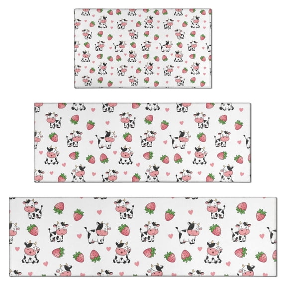 White Cow Strawberry Heart Pattern Kitchen Rugs Sets Of 3,Kitchen Runner Rugs Non Skid Washable,Decorative Kitchen Floor Mats for Kitchen,Sink,Laundry,17"x30"+ 17"x47" + 17"x59"