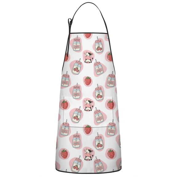 White Cow Strawberry Jar Pattern Apron-Garden Aprons for Women with Pockets-Cotton Linen Waterproof Kitchen Cooking Gardening Aprons Adjustable for Kitchen,Cooking,BBQ and Salon 33x27 Inch
