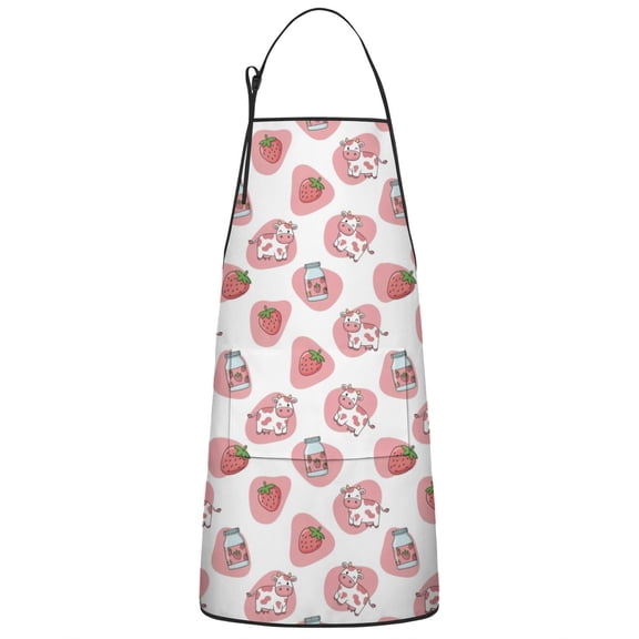 White Cow Strawberry Jar Pattern Apron-Garden Aprons for Women with Pockets-Cotton Linen Waterproof Kitchen Cooking Gardening Aprons Adjustable for Kitchen,Cooking,BBQ and Salon 33x27 Inch