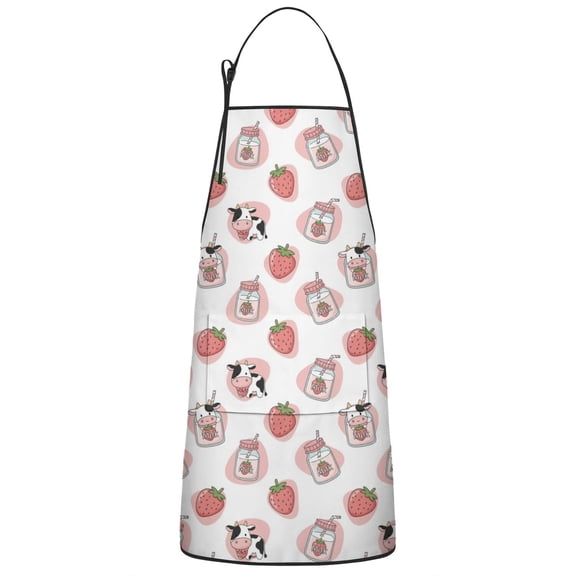 White Cow Strawberry Jar Pattern Apron-Garden Aprons for Women with Pockets-Cotton Linen Waterproof Kitchen Cooking Gardening Aprons Adjustable for Kitchen,Cooking,BBQ and Salon 33x27 Inch