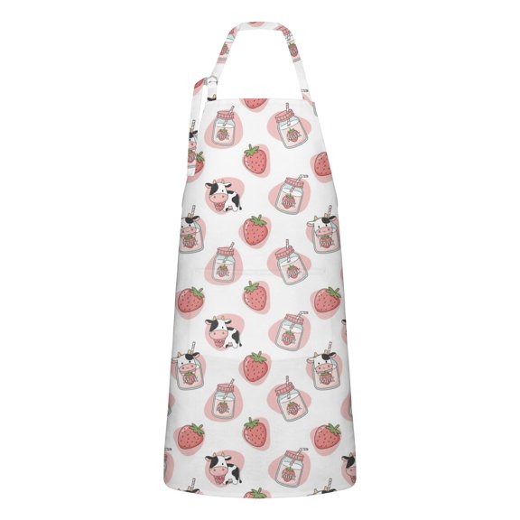 White Cow Strawberry Jar Pattern Apron-Garden Aprons for Women with Pockets-Cotton Linen Waterproof Kitchen Cooking Gardening Aprons Adjustable for Kitchen,Cooking,BBQ and Salon 33x27 Inch