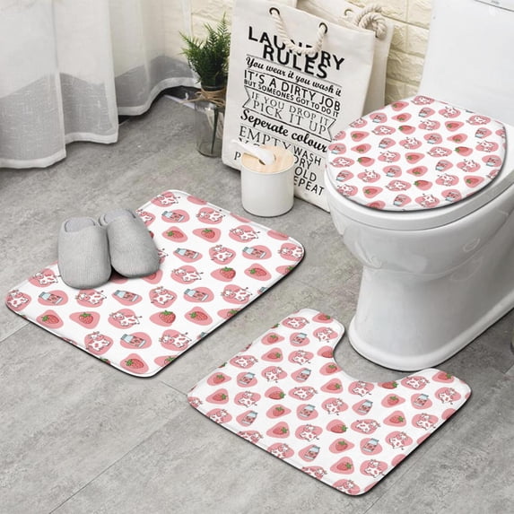 White Cow Strawberry Jar Pattern Bathroom Rugs Sets 3 Piece,Toilet Cover Set,Absorbent Non Slip Bathroom Mats Sets with U-Shaped Contour Rug Toilet Rug Set