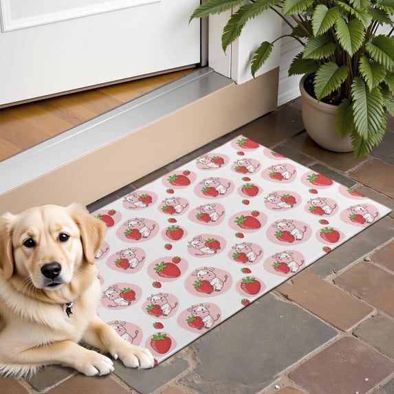 White Cow Strawberry Love Pattern Door Rugs,Washable Non Slip Door Mats Indoor,Decorative Door Mats,Entry Mat Indoor for Entrance,Bedroom,Kitchen,Bathroom,16"x24"