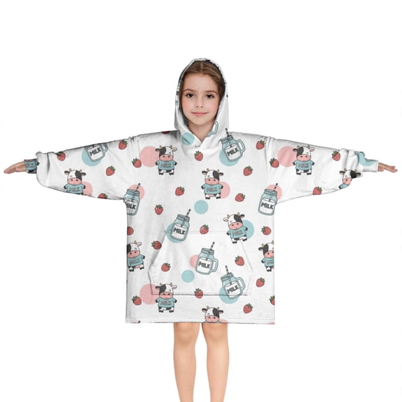 White Cow Strawberry Milk Jar Pattern Blanket Hoodies for Kids 6-13YR Oversize Wearable Blanket Hoodies for Boys Girls Teens