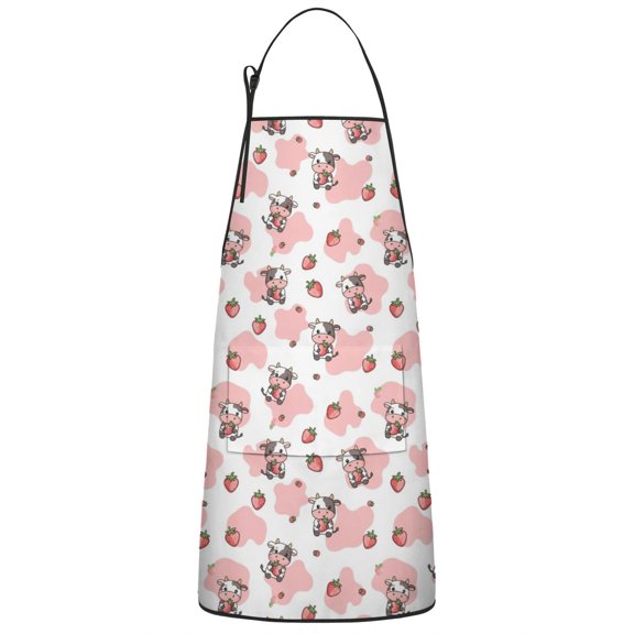 White Cow Strawberry Pattern Apron-Garden Aprons for Women with Pockets-Cotton Linen Waterproof Kitchen Cooking Gardening Aprons Adjustable for Kitchen,Cooking,BBQ and Salon 33x27 Inch