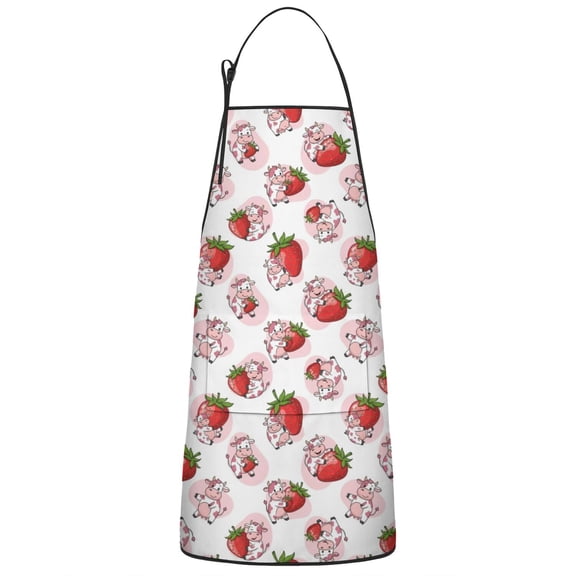 White Cow Strawberry Pattern Apron-Garden Aprons for Women with Pockets-Cotton Linen Waterproof Kitchen Cooking Gardening Aprons Adjustable for Kitchen,Cooking,BBQ and Salon 33x27 Inch