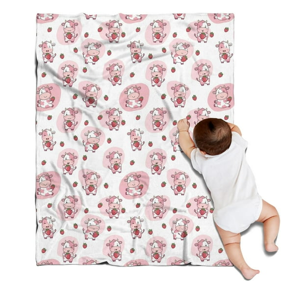 White Cow Strawberry Pattern Blanket,Comfortable Soft Lamb Wool Throw Blanket,All Season,Warm Lightweight Blankets for Sofa Bed Couch Living Room Chair,30"x40"