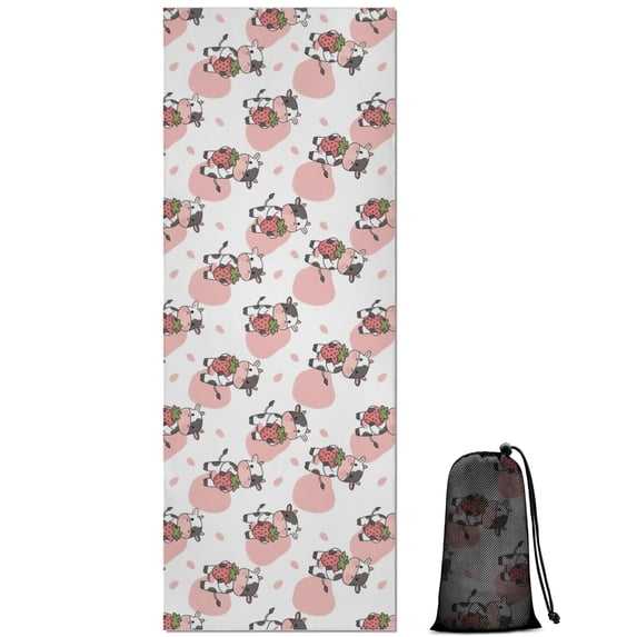 White Cow Strawberry Pattern Hot Yoga Mat Towel Non Slip for Hot Yoga - Quick-Drying Yoga Mat Cover with 4 Corner Pockets with Travel Bag - Hot Yoga Towel Non Slip 74"x26"