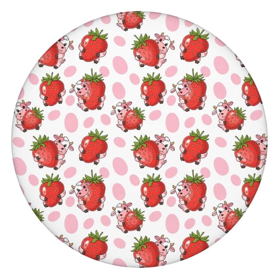 White Cow Strawberry Pattern Round Fitted Tablecloth with Elastic Edge,Dining Table Cover Waterproof,Outdoor Round Tablecloth for Camping,Dining,Indoor and Outdoor