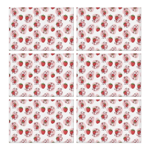 White Cow Strawberry Pattern Summer Placemats Table Placemats Set Of 6-Linen Kitchen Washable Placemats Table Mats 11.8"x17.7" Non-Slip Heat Resistant