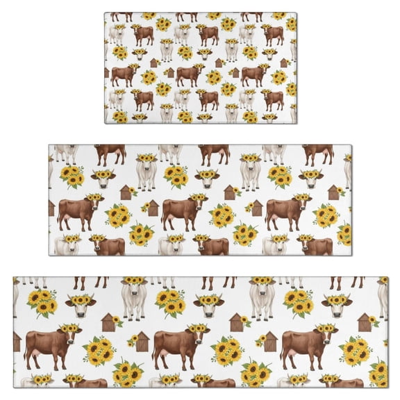 White Cow Sunflower Pattern Kitchen Rugs Sets Of 3,Kitchen Runner Rugs Non Skid Washable,Decorative Kitchen Floor Mats for Kitchen,Sink,Laundry,17"x30"+ 17"x47" + 17"x59"