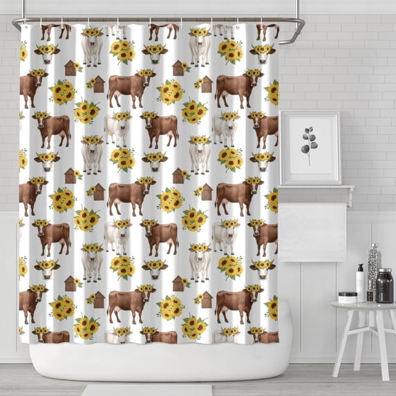 White Cow Sunflower Pattern Shower Curtain 72"x84" ,Bathroom Decorative Shower Curtains Set with 12 Hooks,Modern Waterproof Washable Shower Curtain