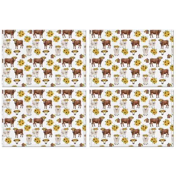 White Cow Sunflower Pattern Summer Placemats Table Placemats Set Of 4-Linen Kitchen Washable Placemats Table Mats 11.8"x17.7" Non-Slip Heat Resistant