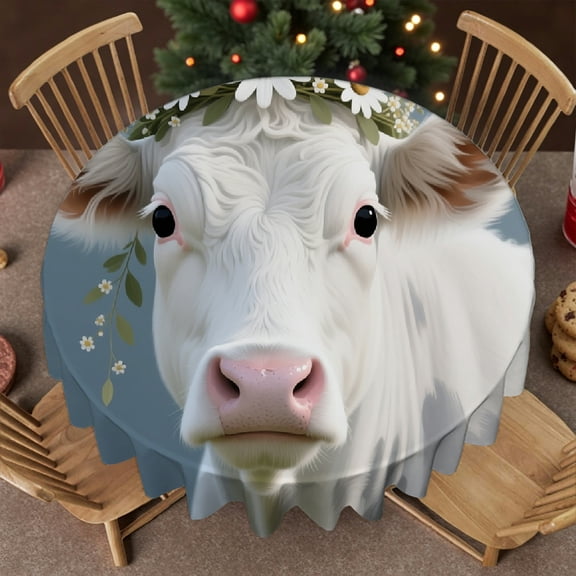 White Cow Tablecloth for dining table, Machine-Made - Holiday-Themed Design tablecloths for round tables, Cafe, dinner, brunch, buffet, picnic