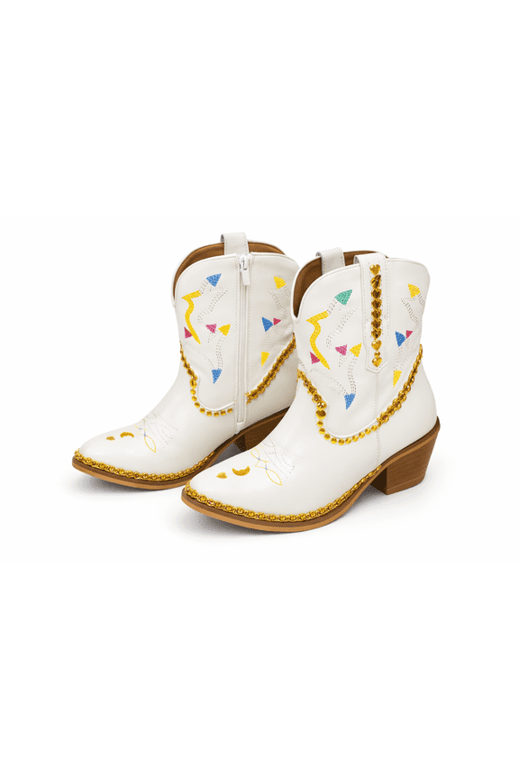 White Cowgirl Boots with Pink Blue Green Yellow Gold Designs for Women – Hand-Designed Western Boots – Unique Holiday Gift - Womens Size 8