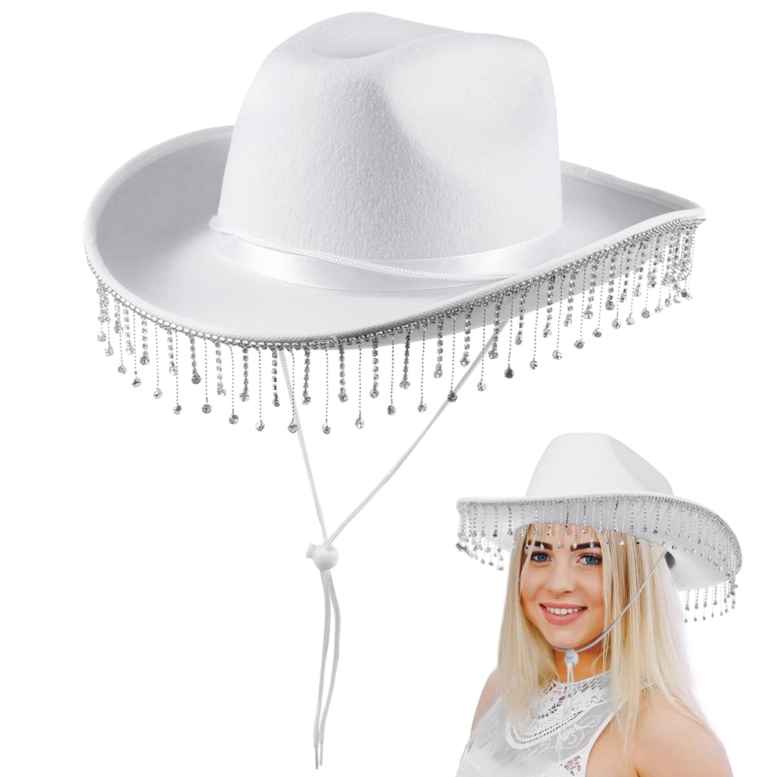 White Cowgirl Hat with Tassels, Shiny Rhinestone Women