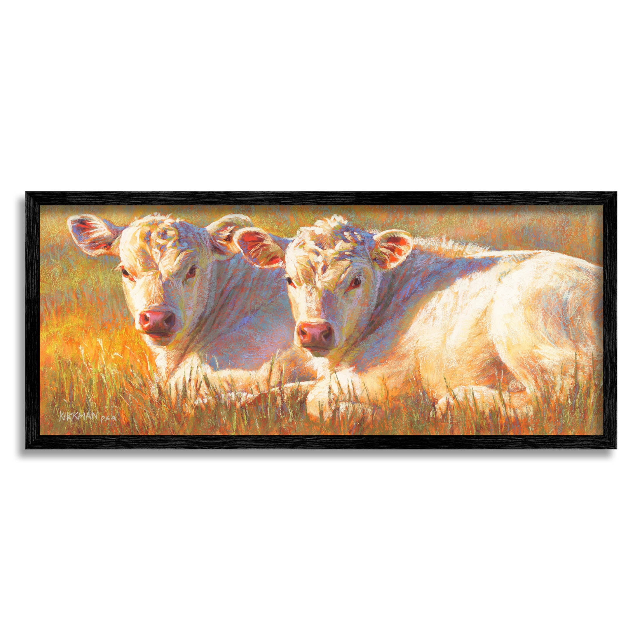White Cows Resting Grassland Animals & Insects Painting Black Framed Art Print Wall Art