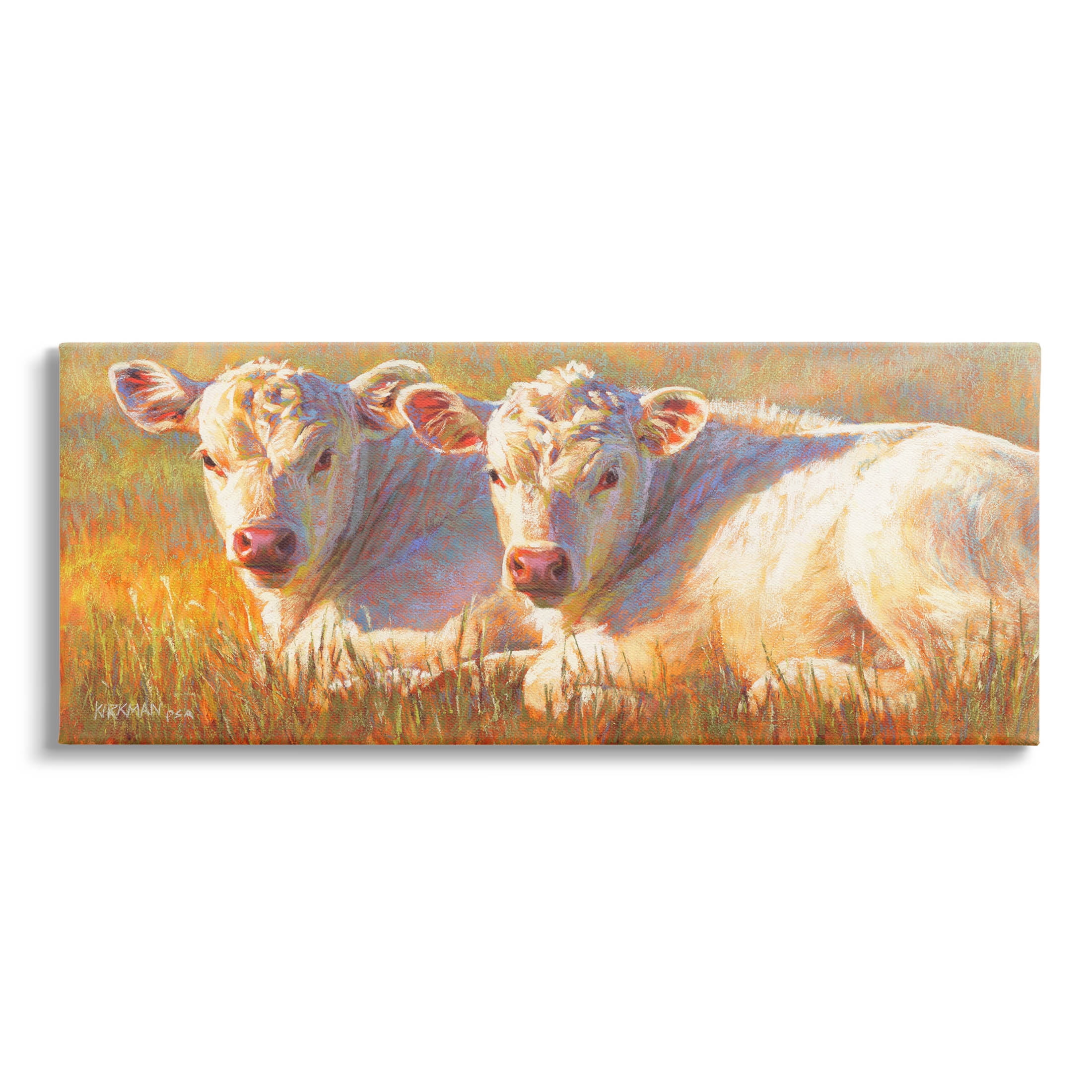 White Cows Resting Grassland Animals & Insects Painting Gallery Wrapped Canvas Print Wall Art