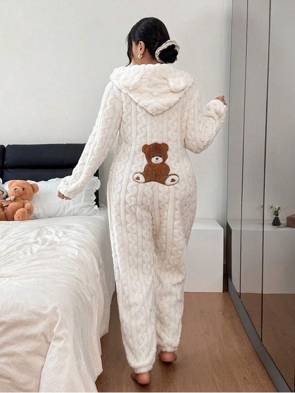 White Cozy Cable Knit Teddy Bear Hooded Jumpsuit Pajamas for Women