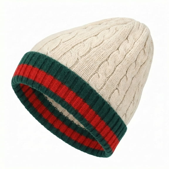 White Cozy Unisex Fashion Winter Beanie Tam With Chic Green and Red Strip Chuff