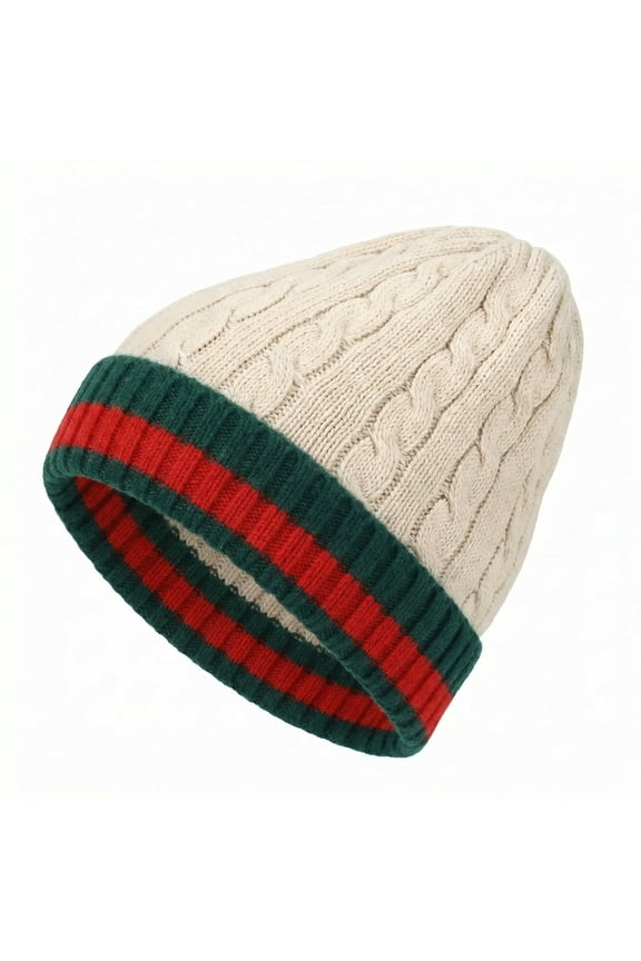 White Cozy Unisex Fashion Winter Beanie Tam With Chic Green and Red Strip Chuff