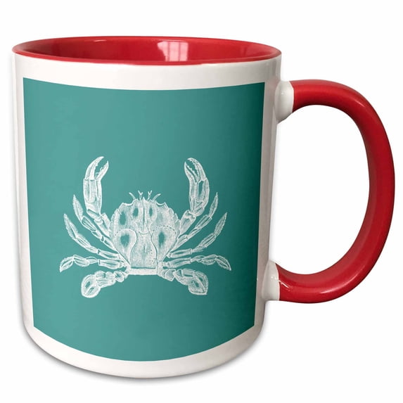 3drose, White Crab Etched Teal Turquoise Aqua Blue - Nautical Beach Sea Ocean, 15oz Two-tone Red Mug