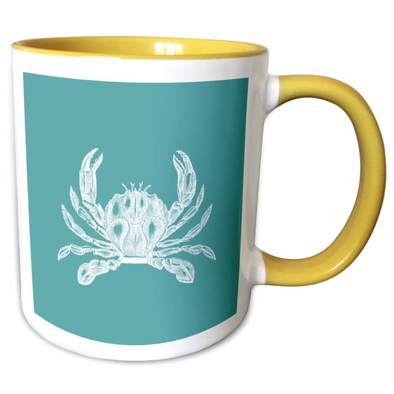 3drose, White Crab Etched Teal Turquoise Aqua Blue - Nautical Beach Sea Ocean, 15oz Two-tone Yellow Mug