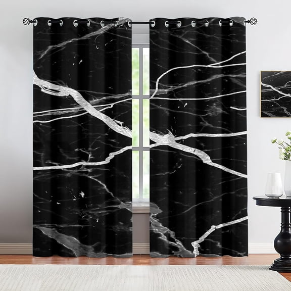White Crackle 3D Printing Grommet Curtains, Abstract Marble Grommet Drapes For Bedroom, Black And White Window Drapes Treatments For Living Room Office Kitchen 21"W x 45"L (Pack of 2)