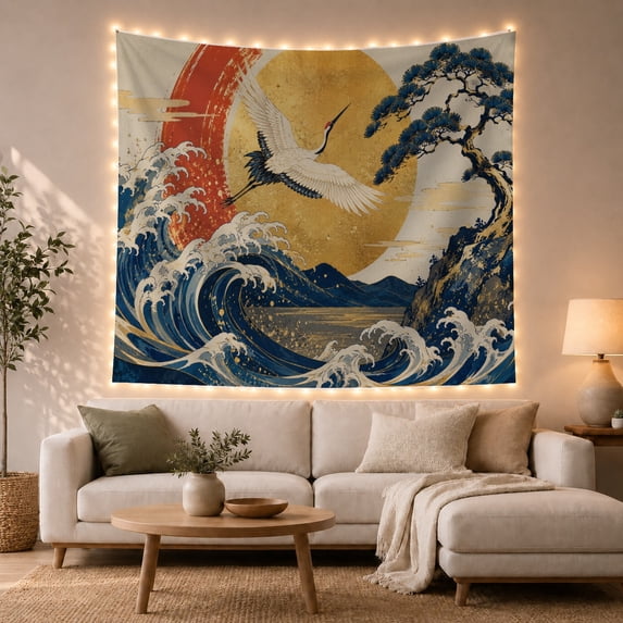 White Crane Above Blue Waves and Golden Sun, Dramatic Illustration for Art Lovers, Nature Inspired Decor, Housewarming Gift, Tapestry Wall Hanging for Bedroom and Living Room