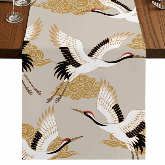 White Crane Burlap Cotton Table Runner 13x48 Inches Long, Golden Chinese Auspicious Clouds Vintage Beige Farmhouse Table Runners, Outdoor Dining Tablecloths Decor for Baby Shower/Party/Wedding