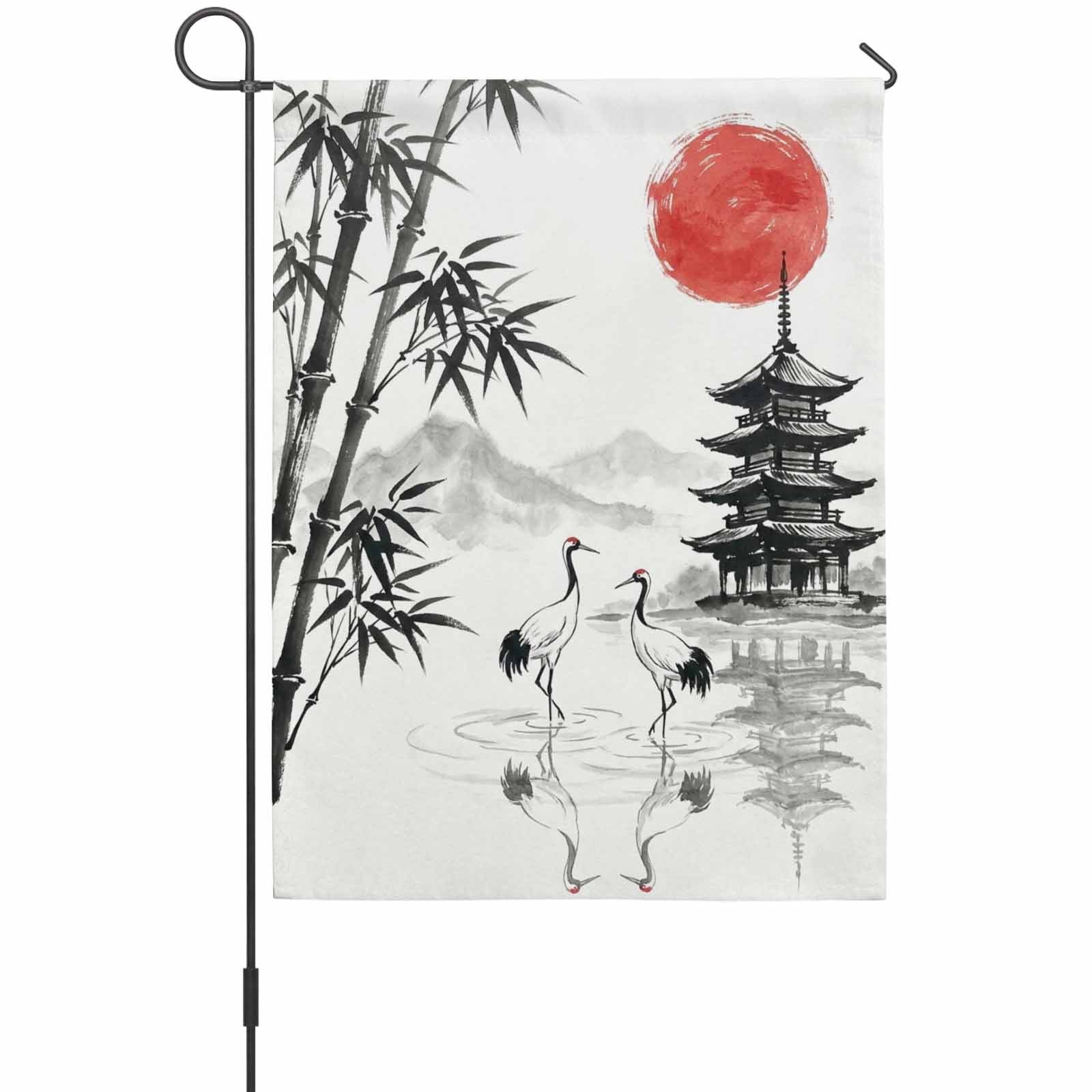 White Crane House Flag 28 x 40 Inches, Ink Wash Gray Black Bamboos Trees Japanese Pagoda Red Sun Weather Proof Outdoor Patio Flags Double Sided Small House Decoration for Yard Lawn Outside Home