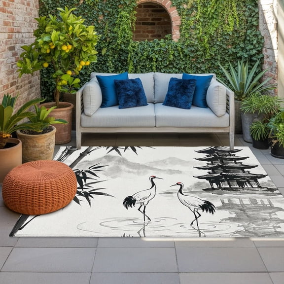 White Crane Indoor Outdoor Rugs 4x6 Ft, Ink Wash Gray Black Bamboos Trees Japanese Pagoda Red Sun Outdoor Patio Rugs Mat Washable Outside Area Rugs Carpet for Porch Deck RV Camping Balcony Backyard