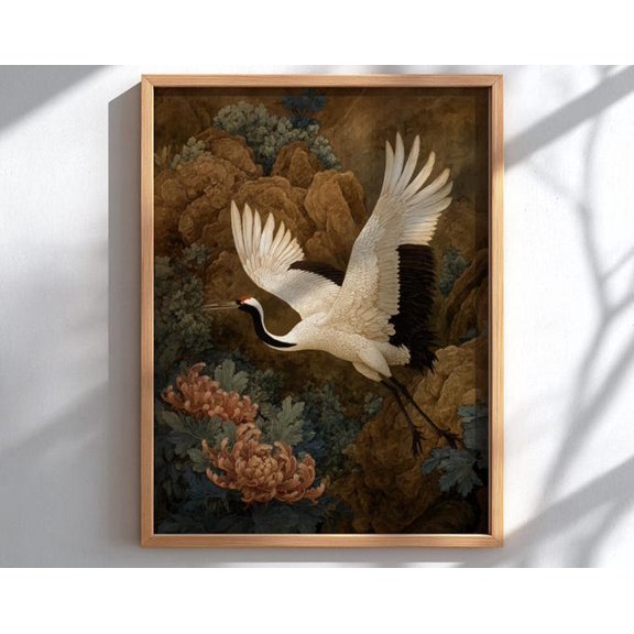 White Crane Japanese Nature Wall Art Print, Unframed Paper Poster 24x36in