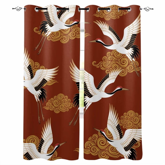 White Crane Kitchen Curtains Vintage Chinese Auspicious Cloud Animal Art Red Cafe Short Curtains for Bathroom Blackout Window Curtain Small Window Tier Drapes for Bedroom Living Room 27.5"x39"x2