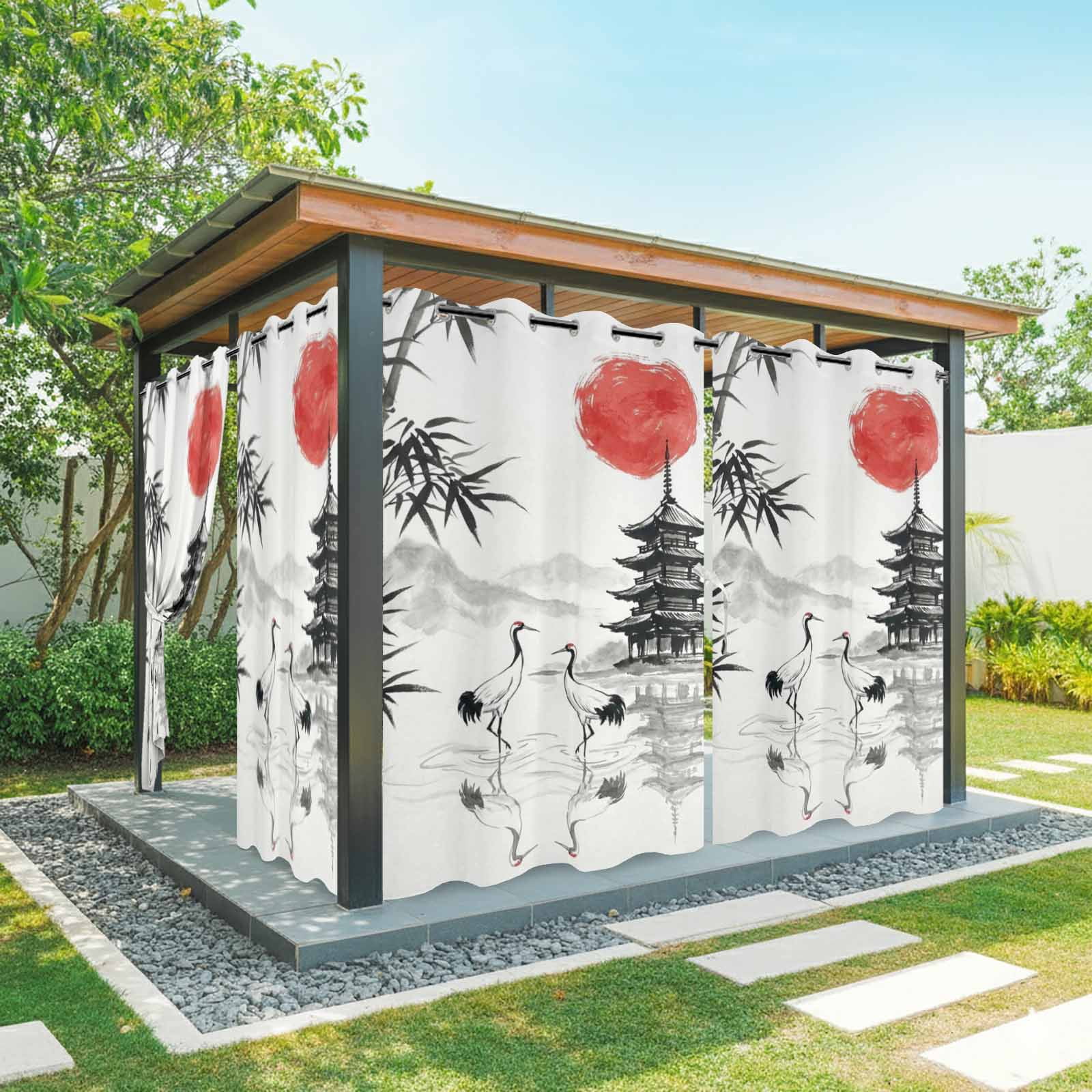 White Crane Outdoor Curtains for Patio, Ink Wash Gray Black Bamboos Trees Japanese Pagoda Red Sun Sunshade Privacy Drapes Grommet Waterproof Outside Curtains for Porch Balcony 54"x108", 1 Panel