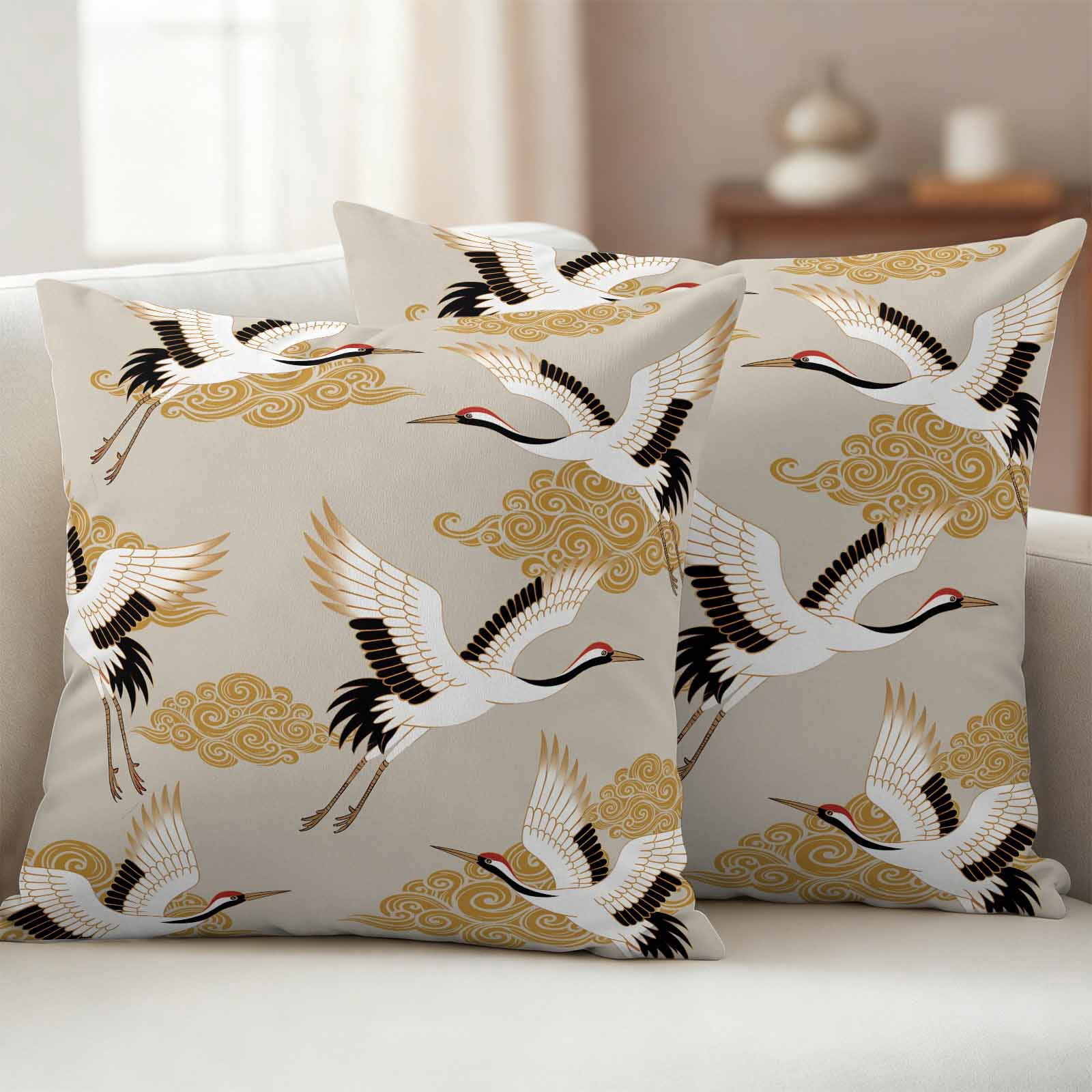White Crane Outdoor Waterproof Throw Pillow Covers 16x16 Set of 2, Golden Chinese Auspicious Clouds Vintage Beige Pillowcases Cushion Pillowcase for Couch Sofa Patio Outside Pillow Protector