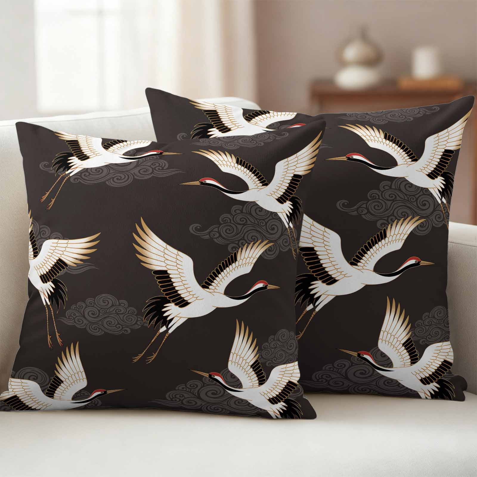 White Crane Outdoor Waterproof Throw Pillow Covers 16x16 Set of 2, Vintage Chinese Auspicious Cloud Art Brown Decorative Pillowcases Cushion Pillowcase for Couch Sofa Patio Outside Pillow Protector