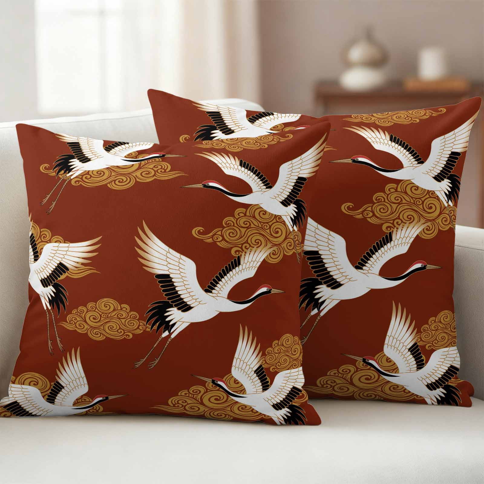 White Crane Outdoor Waterproof Throw Pillow Covers 18x18 Set of 2, Vintage Chinese Auspicious Cloud Animal Art Red Pillowcases Cushion Pillowcase for Couch Sofa Patio Outside Pillow Protector